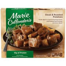 A collection of side by side cooked frozen dinner comparisons where the left is the marketing version of the box and the right is the results of following. Steak Roasted Potatoes Marie Callender S