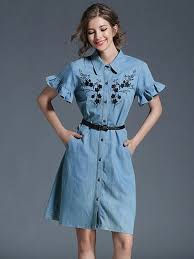 Denim Shirt Dress Light Blue Turndown Collar Bell Sleeve Embroidered Single Breasted Women S Summer Dresses With Belt Power Day Sale Womens Denim Dress Womens Dress Blouses Denim Shirt Dress