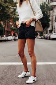 Black And White Shorts Outfit Fashion Jackson Wearing Everlane White Crewneck Sweater Everlane Black Denim Shorts Veja Esplar S Black Shorts Outfit Fashion Jackson Black Denim Shorts Outfit