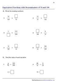 equivalent fractions with denominators of 10 and 100 worksheets