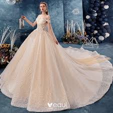 Ball gown dresses at babyonlinewholesale are elegant, alluring and unique! Sparkly Champagne Wedding Dresses 2019 Ball Gown Off The Shoulder Short Sleeve Backless Glitter Tulle Appliques