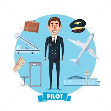 Pilot Man In Uniform And Flight Or Airplane Vector Items Aircraft Crew Profession Character With Captain Hat Travel Suitca Pilot Airplane Vector Kids Clipart