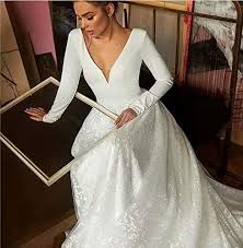 Your princess dream will comes true with our style 3328 prom dresses ! Winter Satin Long Sleeve Wedding Dresses Guest Deep V Neck Lace Bridal Gowns Wedding Reception Dress At Amazon Women S Clothing Store