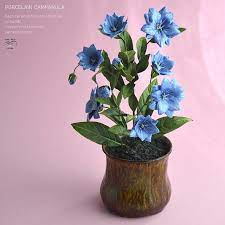 Porcelain Campanula Flowers Painted Copper Leaves And Stem Ceramic Pot Porcelain Porcelainflowers Flower Vase Arrangements Porcelain Flowers Flower Art