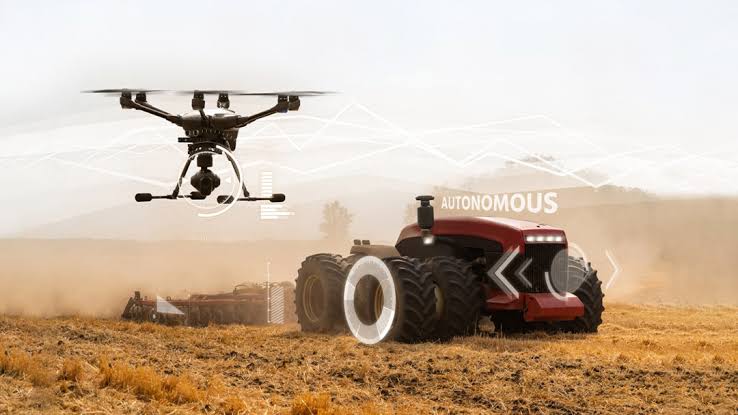 Modern autonomous machinery and drone data networks working together in precision agriculture, AI generated