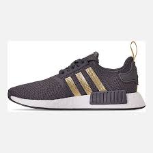 Adidas Nmd R1 Black And Gold Left View Of Women S Adidas Nmd R1 Casual Shoes In Grey Gold Metallic Pyrite Casual Shoes Adidas Women Adidas