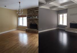 Another Before And After Set Of Photos Of Our Hearth Room From Yellow To Gray Walls A Rusti Dark Wood Floors Living Room Grey Walls Grey Walls Living Room