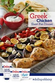 Greek Chicken Sheet Pan Dinner Recipe With Sour Cream Daisy Brand Recipe Sheet Pan Dinners Chicken Recipes Healthy Recipes