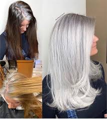 Makeover From Box Brunette To Her Natural Silver Blending Gray Hair Long Gray Hair Grey Hair Transformation