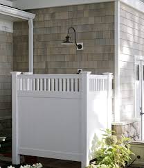 Outdoor Shower With White Vinyl Fence Show This To Patrick Outdoor Shower Inspiration Outdoor Shower House Exterior