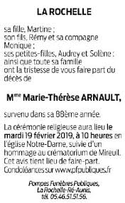 Vous pouvez affiner votre recherche ou trouver un avis de décès ou un avis d'obsèques plus ancien en tapant le nom d'un défunt et/ou le. Deces De Madame Marie Therese Arnault Nee Clement 10 02 2019 Fr Fr Annonce Necrologique 271013