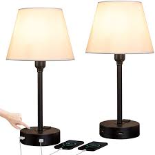 Amazon Com Zeefo Touch Control Table Lamp Built In Dual Usb Ports Ac Outlet White Fabric Shade 3 Way Dimmable Usb Nightstand Lamp Two Edison Led Bulbs Included Bedside Lamps For Bedroom Living