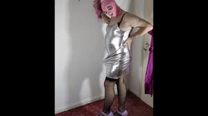 Hot tv crossdresser in silver satin and stockings erotic