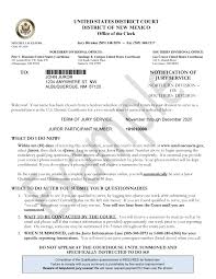 I have received your letter of date summoning me to jury duty on dates. Notification Of Jury Service Information District Of New Mexico United States District Court