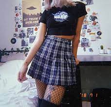 Grunge style ideas · outfit with leopard bike shorts · black transparent maxi dress with combat boots · plaid mini skirt with denim jacket · short transparent top . Pin Drowsy Baby Plaid Outfits Cute Outfits Grunge Skirt