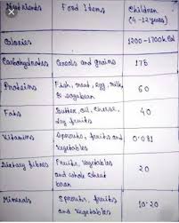 prepare a diet chart to provide balanced diet for a 12 year