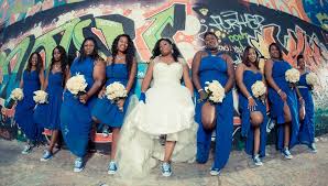 Black And Blue Wedding Party Our Royal Blue And White Wedding Bridal Party Graffiti Alley Baltimore African American Hip Hop Weddings Black Bridal Parties Black Bridal Blue Bridesmaids