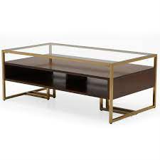Kirk solid wood storage coffee table. Modern Steel Brass Plated Walnut Glass Top Retro Coffee Table