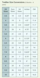 Toddler Shoe Size Conversion Chart 9 Months Through 4 Years