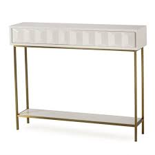 Narrow White Lacquer Console Accented With A Faceted Front Satin Brass Iron Base And 2 Drawers Furniture Console Table Classic Furniture
