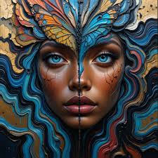 Inspired by **Paul van Druten ** **Made in PicLumen ** A surreal painting  of a dark skinned Ethiopian female face split into two contrasting halves.  On the left, a hyper-realistic depiction of