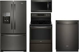 Ovens, microwaves, refrigerators, and dishwashers come bundled with style & service. Whirlpool Wpreradwmw7113 4 Piece Kitchen Appliances Package With French Door Refrigerator Electric Range Dishwasher And Over The Range Microwave In Black Stainless Steel