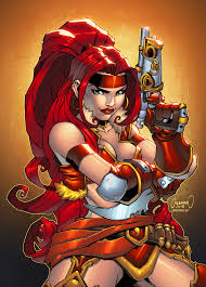 An improbably voluptuous female bounty hunter. Red Monika Comic Art Graphic Novel Art Red