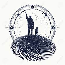 Símbolo de complementariedad e infinito amor. Padre E Hijo El Arte Del Tatuaje La Familia Feliz Del Futuro Padre Ensena A Sonar Hijo Educacion Para La Vida Inmortalidad Del Diseno De La Camiseta La Vida Humana Via Lactea