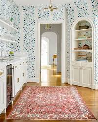 Bar Design By Blue Print Interiors Print Wallpaper Vintage Oushak Rug Brass Hardware White And Brass Home Rustic Living Room Furniture Home And Living