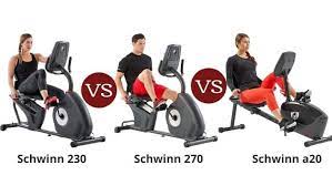 Recumbent exercise bikes have the rider sitting back against a seat rest with legs extended out in front, which is easier on the joints and lower back. Schwinn 230 Vs 270 Vs A20 Recumbent Bike Series