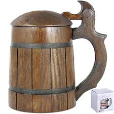 Wooden Beer Mug Lid Men Craft Ipa Beer Drinking Cup Pint Wood Stein Viking Ale Mead Dad Tankard Handle Funny Fathers Day Tumbler Birthday Anniversary Gifts Wooden Beer Mug Wood Steins