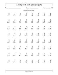 64 single digit addition questions with all regrouping a