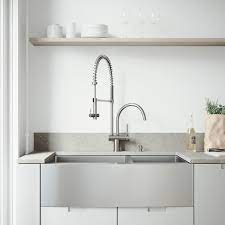 With elegant and classic, the 33 farmhouse double bowl kitchen sink is designed with 18 gauge brushed stainless steel to fight against dents and scratches. Vigo All In One 36 Bingham Stainless Steel Double Bowl Farmhouse Kitchen Sink Set With Dresden Faucet In Stainless Steel Two Grids Two Strainers And Soap Dispenser