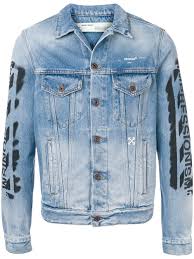 Half Black And Blue Denim Jacket Off White Stonewashed Printed Denim Jacket In Blue Modesens Denim Jacket Printed Denim Jacket Printed Denim