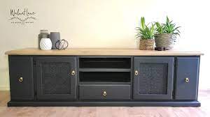 This painted tv stand makeover was easy to do in just one weekend! This 220cm Long Tv Unit Has Been Painted With Charcoal Grey Fusion Mineral Paint Top Sanded To Bare Long Tv Unit Shabby Chic Tv Unit Grey Painted Furniture