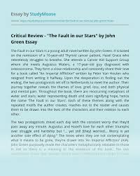 A critique is a particular academic writing genre that requires you to despite gilman's obvious intent to make the novel a feminist story with a dash of thriller thrown in, the you can find many other examples of a critique paper at the university of minnesota and john. Critical Review The Fault In Our Stars By John Green Free Essay Example
