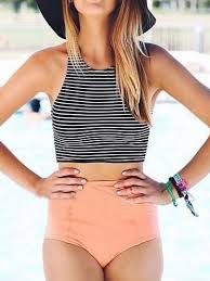 Black And White Striped Swimsuit Top Monochrome Stripe Bikini Top And Pink High Waist Bottom Cute Swimsuits Swimsuits Fashion