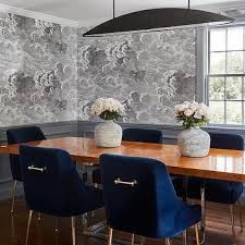 Royal Blue Velvet Dining Chairs With Burl Wood Table Dining Room Blue Trendy Dining Room Blue Dining Room Chairs