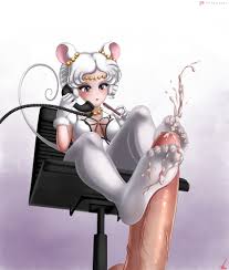 sailor iron mouse, bishoujo senshi sailor moon, highres, 1boy, 1girl,  animal ears, blush, breasts, cum, cum on body, cum on feet, ejaculation,  erection, feet, footjob, hetero, medium breasts, mouse ears, penis, purple