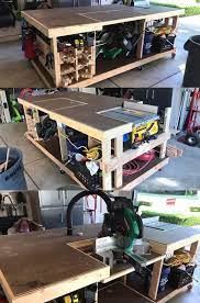 4x8 Mobile Workbench With Gas Spring Hinged Miter Saw Automatic Dust Collection Was Fun To Design Mobile Workbench Workbench Plans Diy Woodworking Shop Layout