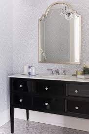 I'd love if you'd add buying options. Gray Powder Room Wallpaper With Glossy Black Washstand Transitional Bathroom