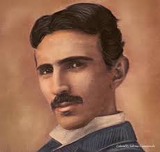 Nikola Tesla portrait with electrical machines