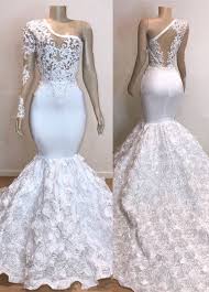 Black And Silver Formal Dresses 2019 White Gorgeous Rose Flowers Mermaid Prom Dresses Appliques Sheer One Shoulder Evening Gown Silver Stretchy Satin Robes De Soiree Cheap Ball Gown Prom Dress Black Girl Prom Dresses White Prom