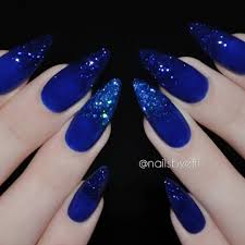 It is the first thing we need to discuss before blue offers us a big number of miraculous hues, from sky blue to deep blue to glittery blue. Efh 8eodwra On Instagram Deep Blue Blue Glitter Nails Almond Nails Designs Blue Acrylic Nails