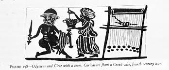 Circe, like calypso, is an immortal goddess who seeks to prevent odysseus from returning home. Greek 350 Bc Odysseus And Circe With A Loom Fragments Of Black Figured Cup Found In The Sanctuary Of Kabeiroi N History Of Textile Black Figure Textile Art