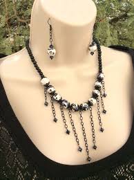 Black And White Jewelry Sets Black And White Bead Necklace Set Gift For Her Dangle Necklace Steampunk Necklace Goth Necklace Black And White Necklace Jewelry Set Necklace Set Black And White Necklaces White Beaded Necklaces