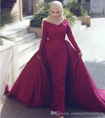 Burgundy Mermaid Lace Wedding Dresses With Detachable Skirts Long Sleeve Muslim Elegant Bridal Wedding Gowns 2018 Lacve Vesti Pakaian Pesta Pakaian Wanita Prom