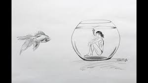 How To Draw A Gold Fish With Girl In Jar Pencil Sketch Pencil Sketch Drawings Goldfish
