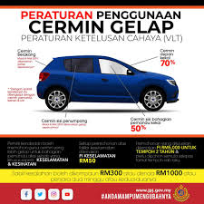 Bermula 1 mei 2015, jabatan pengangkutan jalan (jpj) menetapkan peraturan kadar vlt (ketelusan cahaya) baharu untuk penggunaan cermin gelap bagi ksemua. Pandulaju Com My