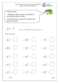 Convert between forms as appropriate; Convert Mixed Numbers To Improper Fractions Fraction And Decimal Worksheets For Year 5 Age 9 10 By Urbrainy Com